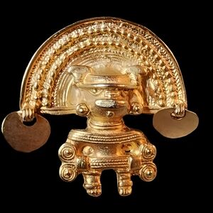 Aztec Mayan Inca Tayrona gold tone Boho Vibe pin brooch  fashion jewe…